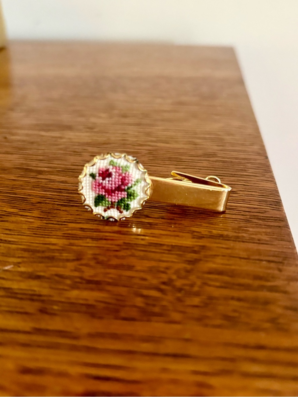 Gold Tie Clip with Pink Rose Needlepoint Accent